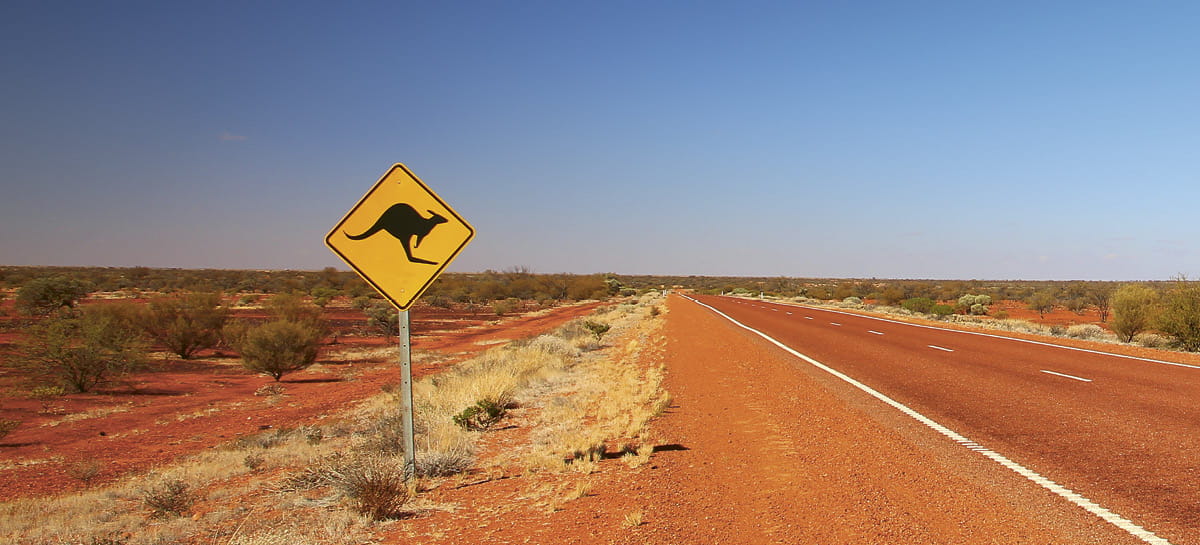 Road in the australian outback and a yellow sign with a black kangaroo. Copyright: iStock/Totajla