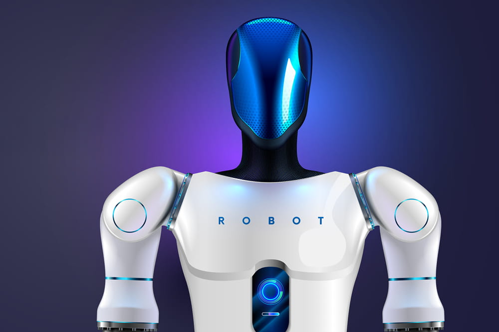 A robot in human form with an iridescent blue head. 