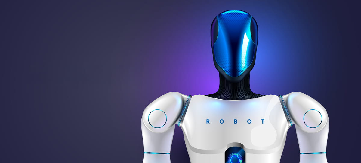 A robot in human form with an iridescent blue head. 