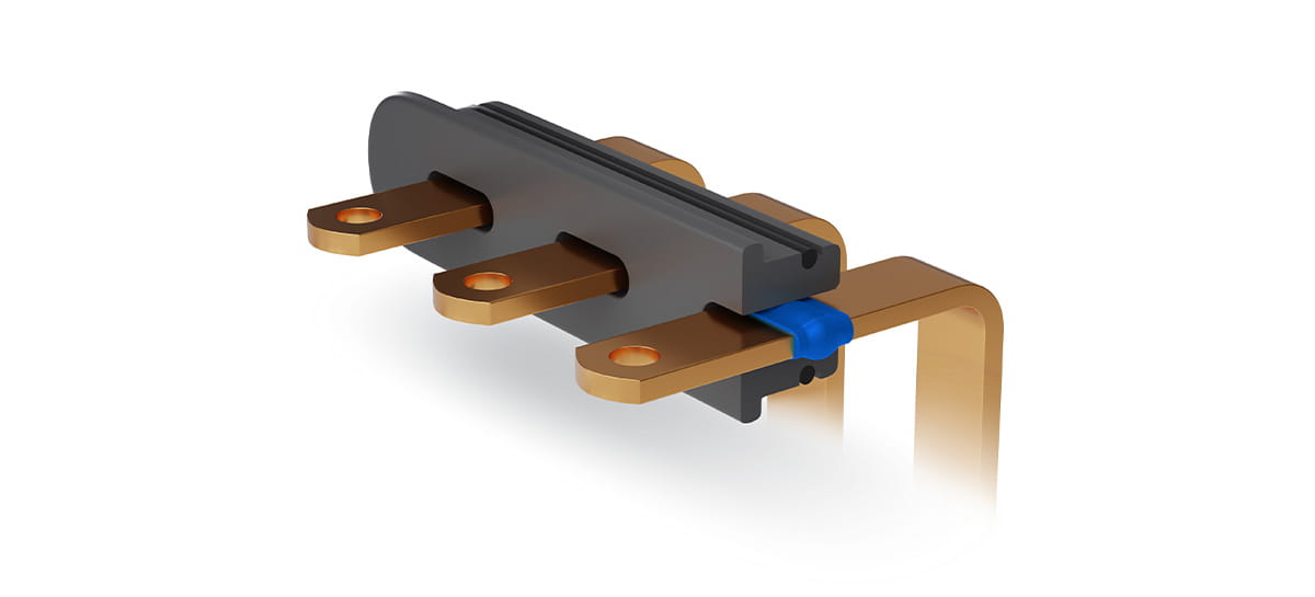 Three copper busbars in a thermoplastic component, shown in cross-section with a blue elastomer layer.
