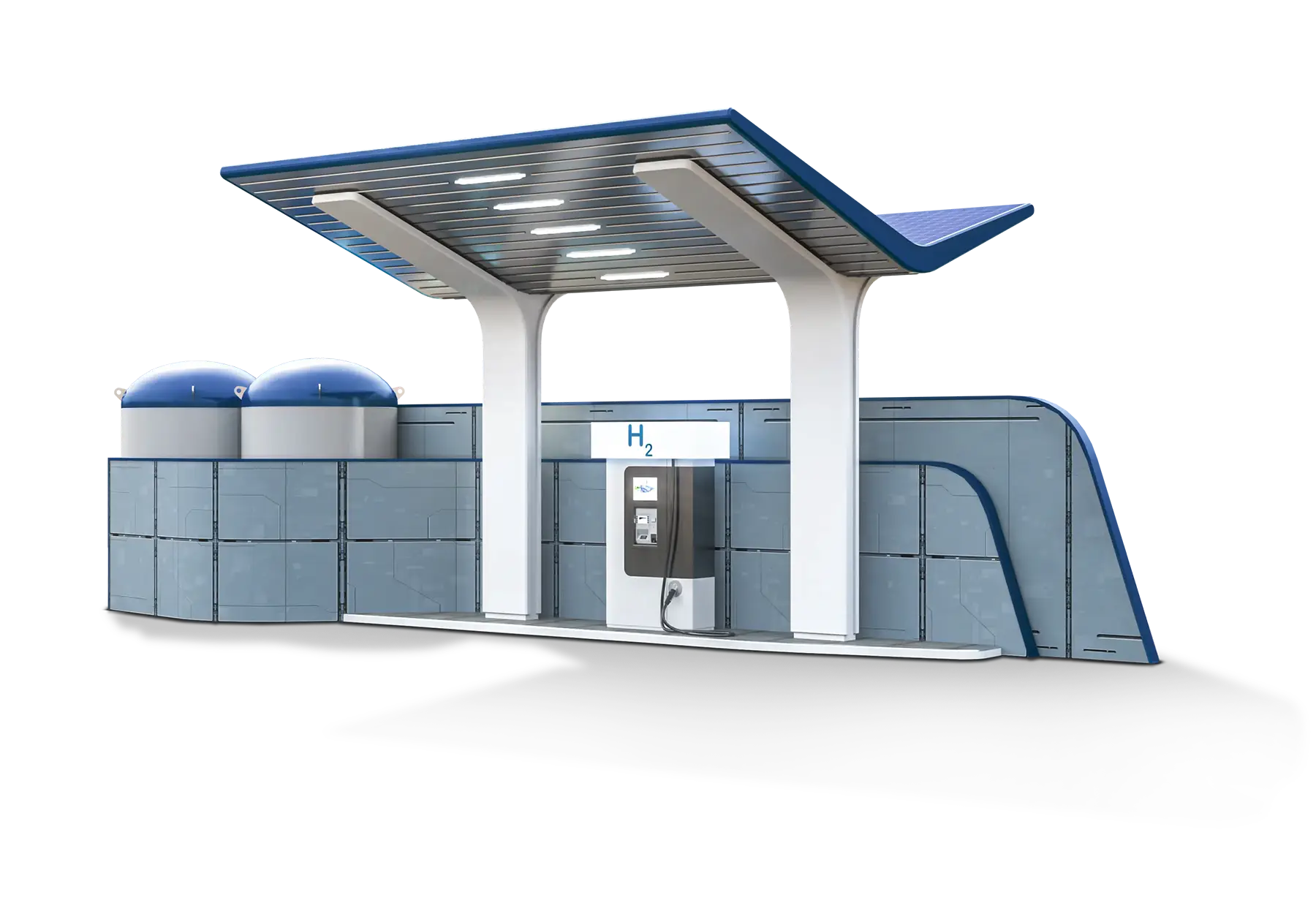 Hydrogen refueling station featuring large blue tanks on the left and a canopy over the pump.