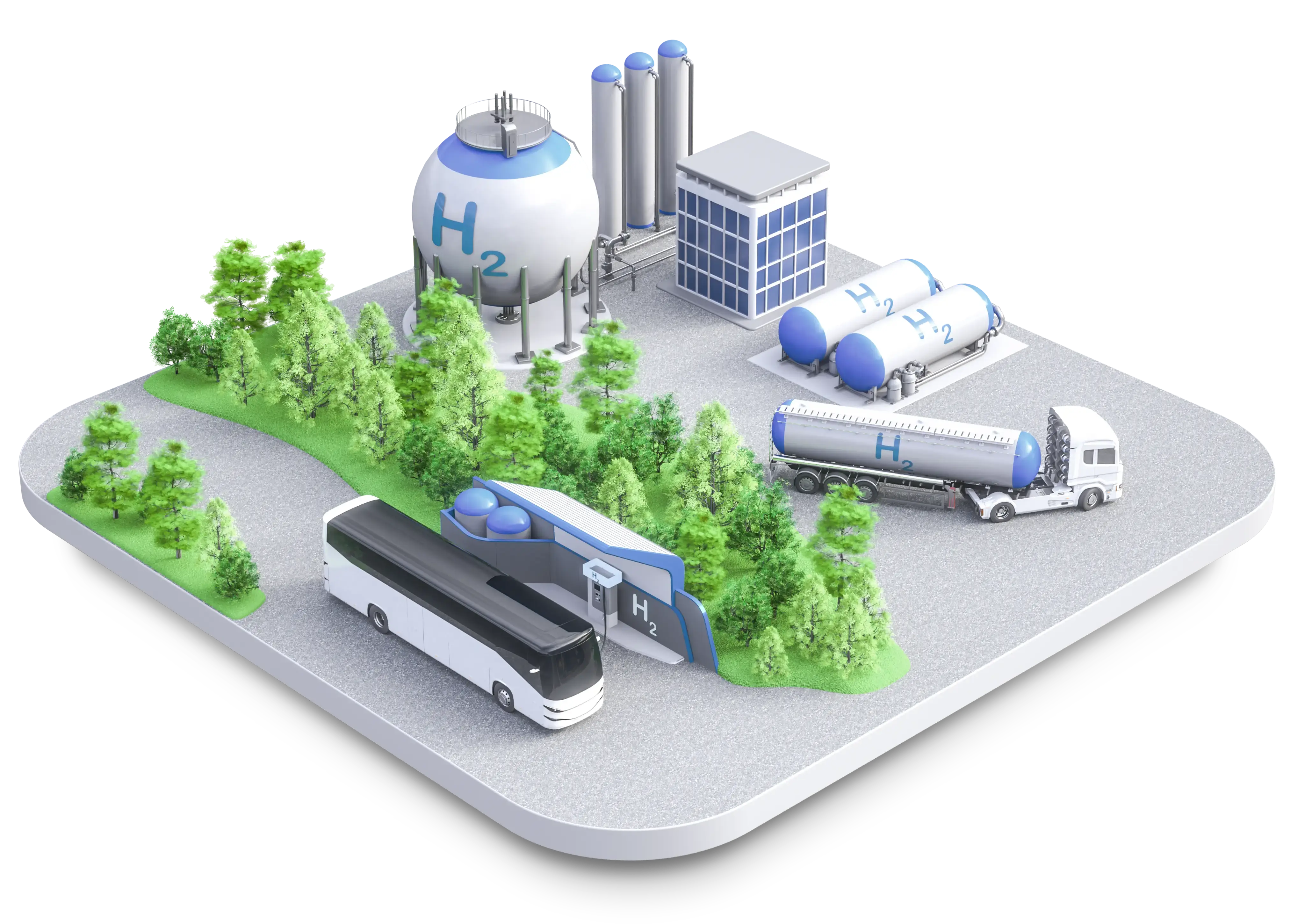 Hydrogen facility with storage tanks, transport truck, and refueling station surrounded by trees.