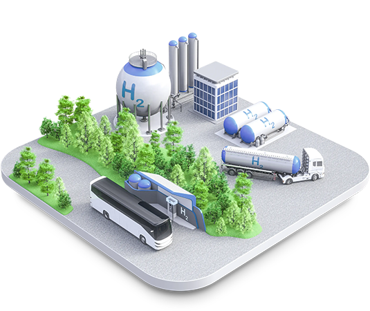 Hydrogen facility with storage tanks, transport truck, and refueling station surrounded by trees.