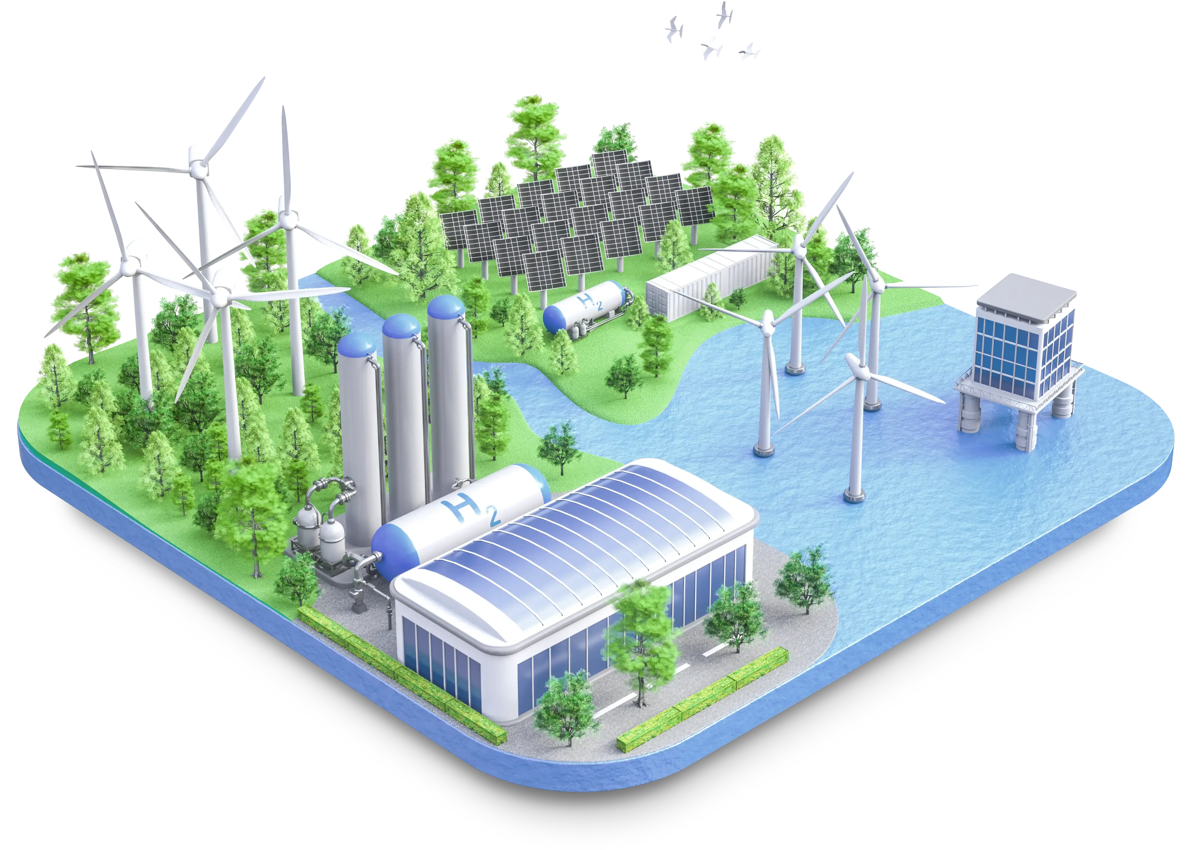 Green energy island with wind turbines, PV solar panels, and onshore/offshore electrolysis plants.