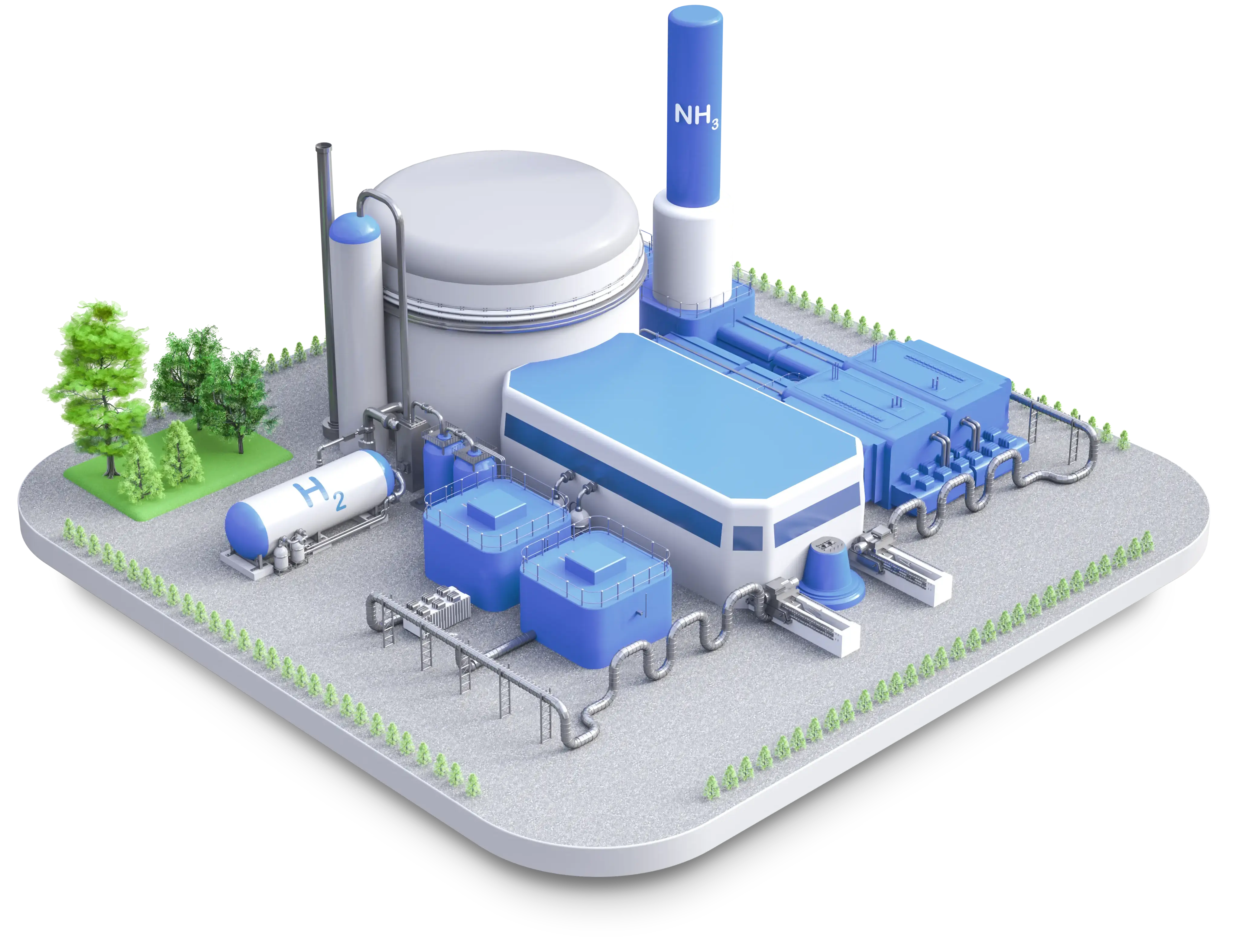 Ammonia cracking plant with hydrogen tanks, pipelines, and large processing structures.