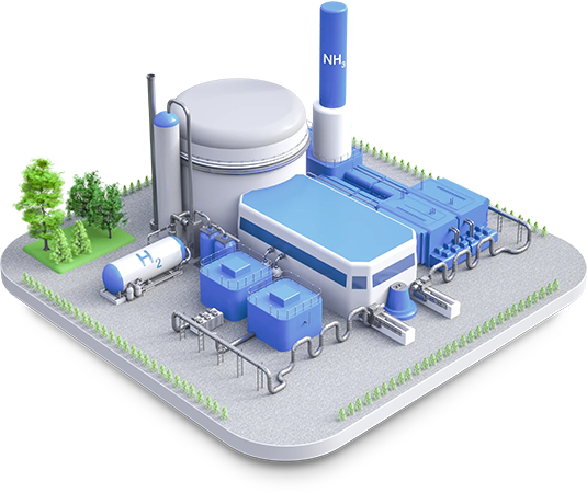 Ammonia cracking plant with hydrogen tanks, pipelines, and large processing structures.