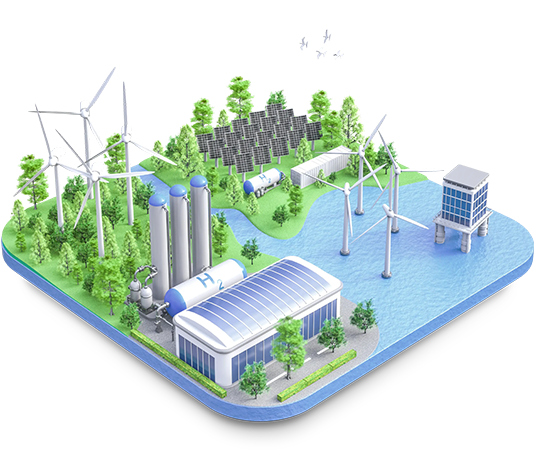 Green energy island with wind turbines, PV solar panels, and onshore/offshore electrolysis plants.