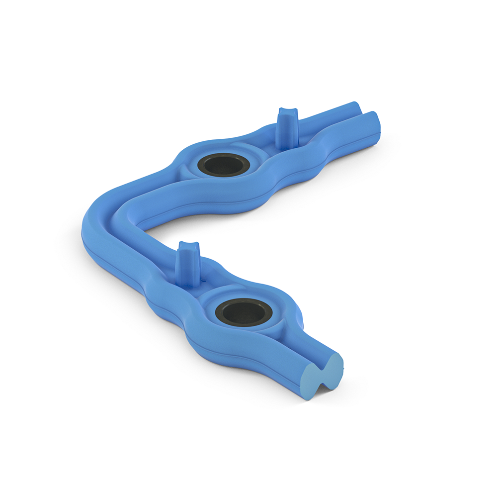 Blue rectangle-shaped elastomer seal with black limiters and vertical retention features.