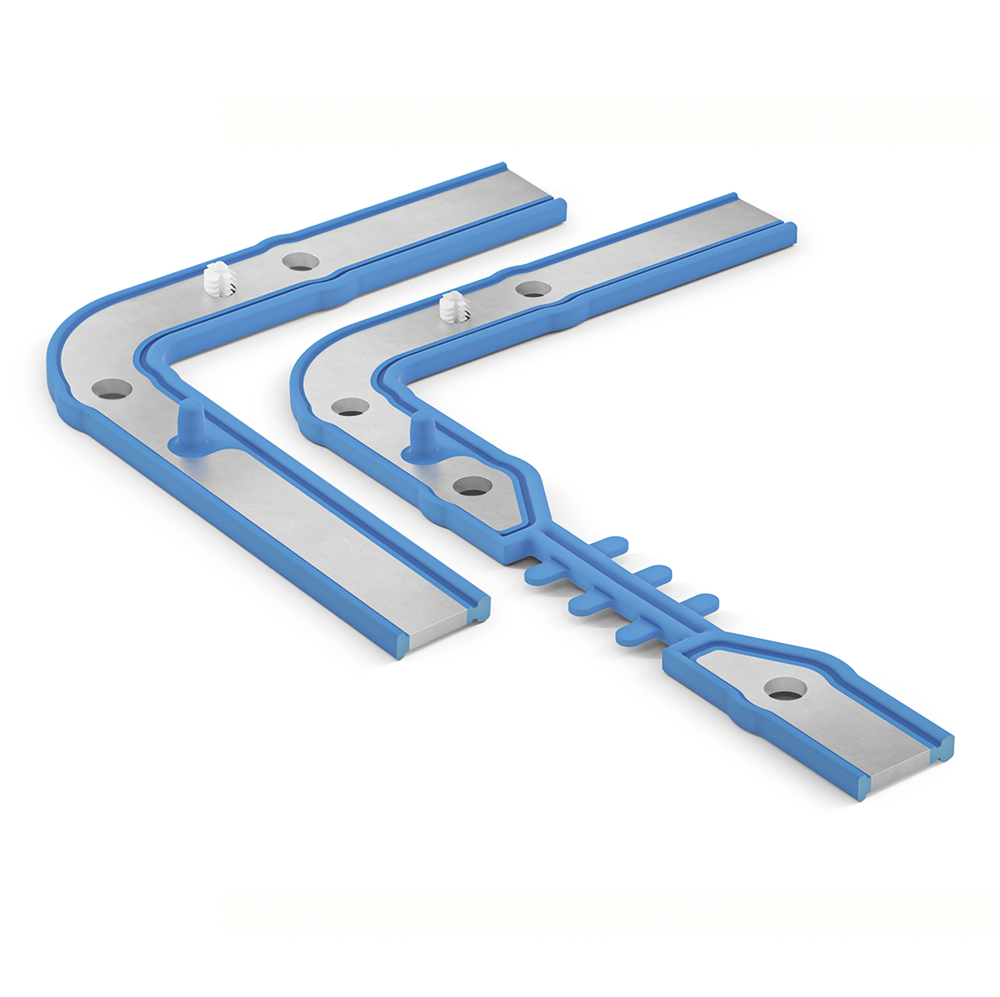 Rectangle-shaped metal limiter with blue edge-bonded elastomer sealing geometry.