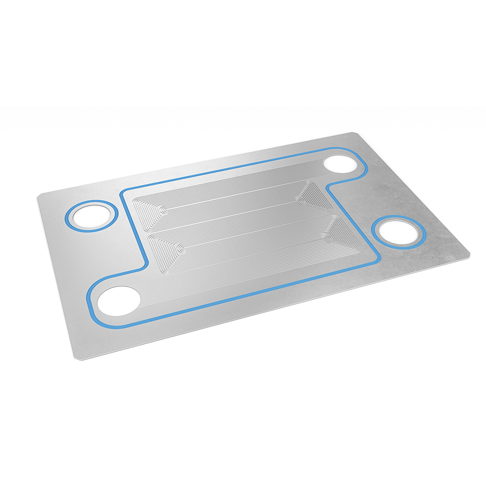 A metallic bipolar plate with flow field structure and a blue sealing bonded to the metal.