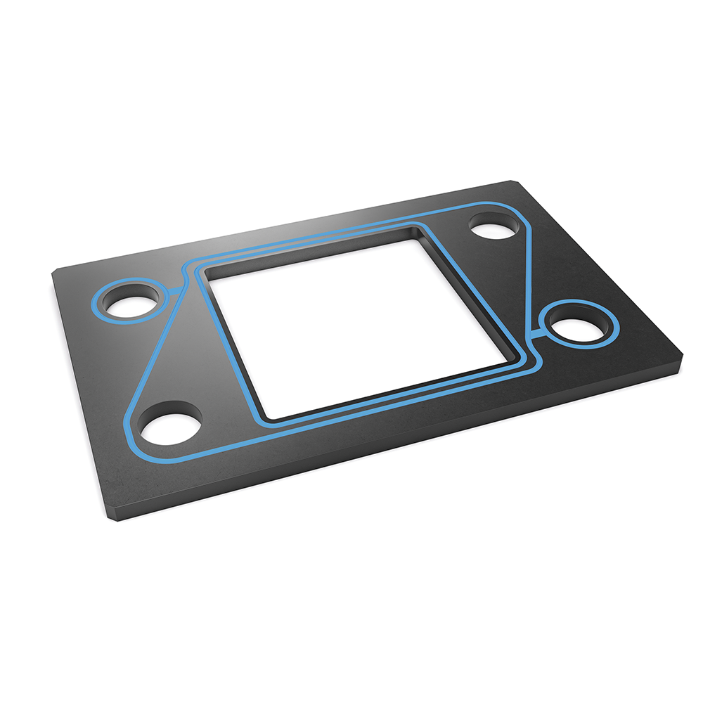 A black thermoplastic electrolyzer frame with an integrated blue sealing path around flow passages and active area.