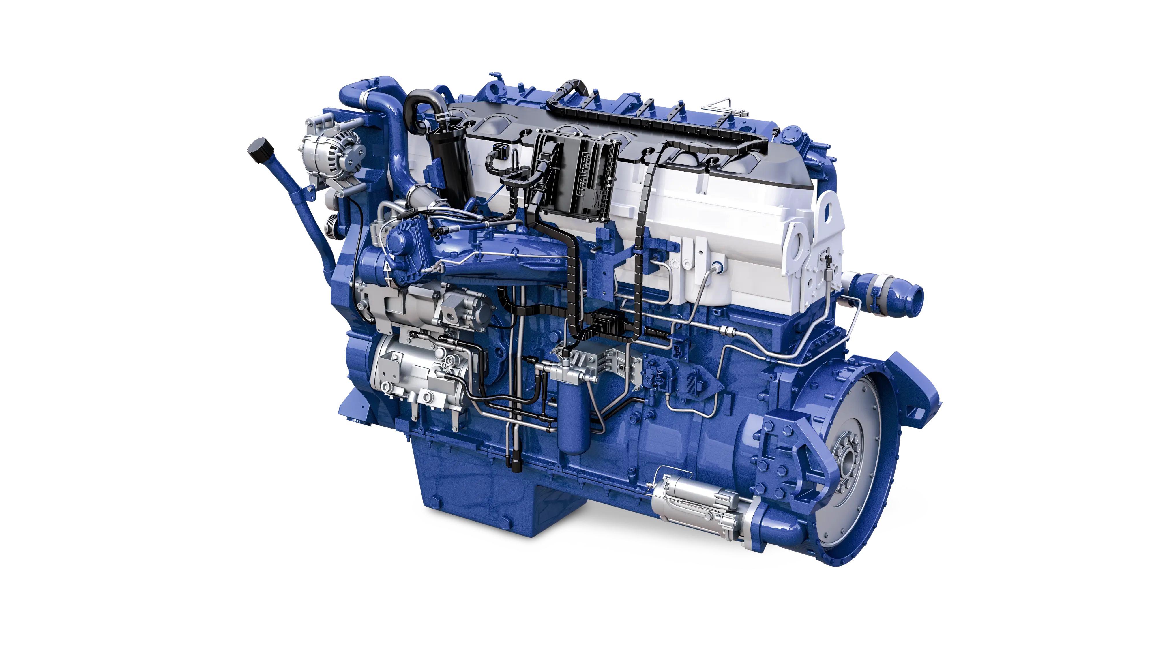 Blue internal combustion engine with white fuel injection system on top.