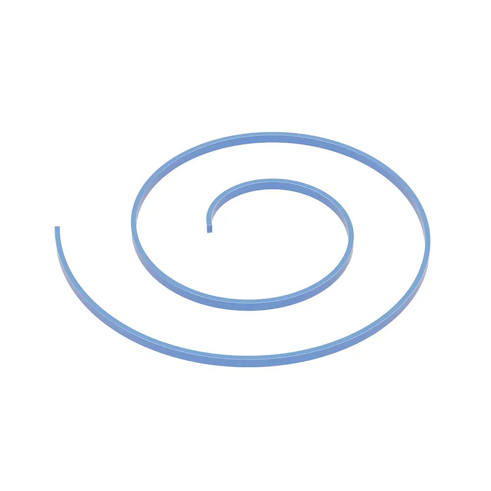 A thin, light blue tip seal curled into a spiral shape, used in scroll compressors.