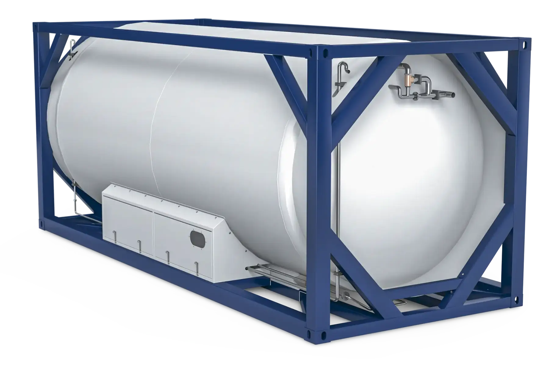 Large white hydrogen storage tank placed vertically in a blue rack.