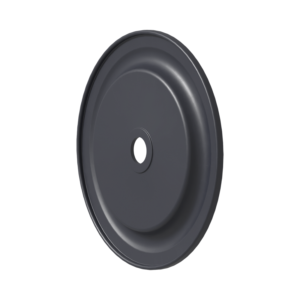 A black pump diaphragm with a central hole, featuring a smooth, circular design.