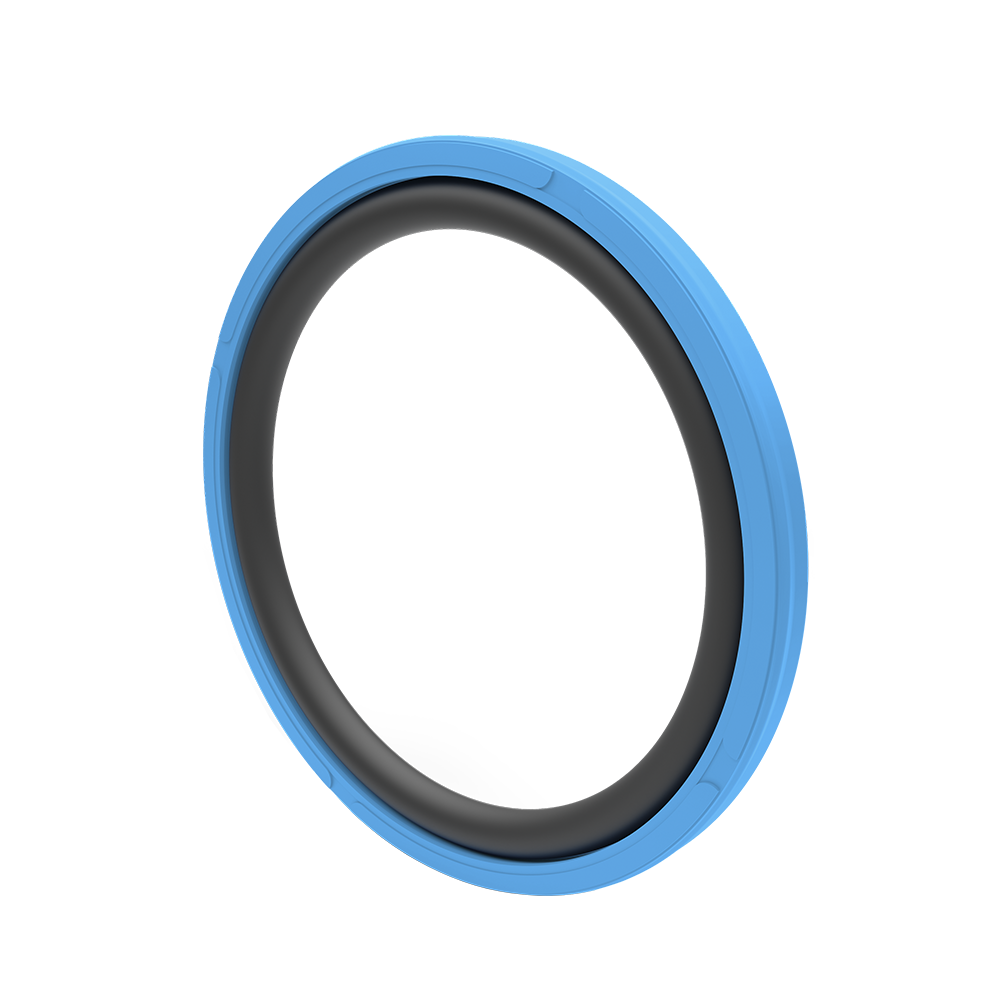 A piston ring made up of an inner black and an outer blue part.