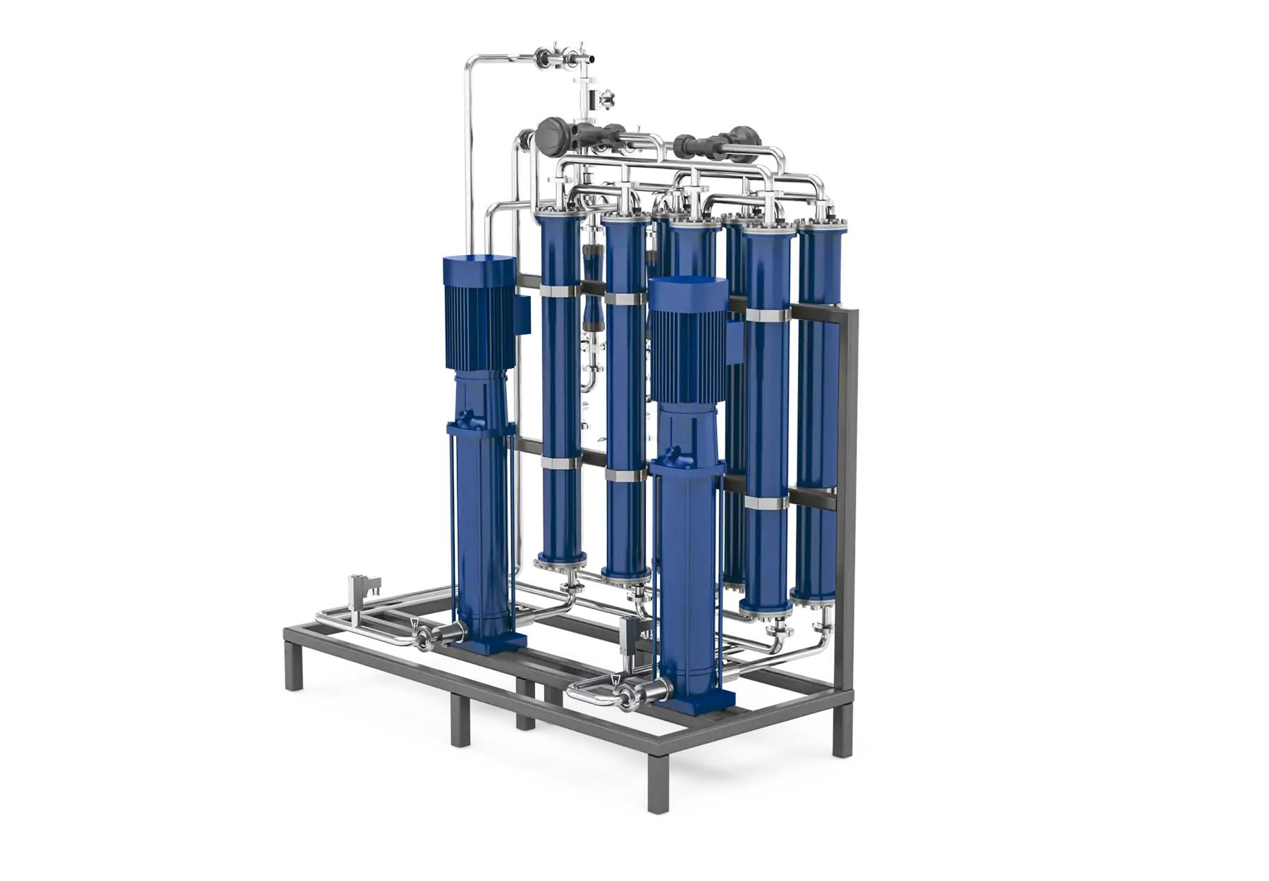 Industrial gas purification system with blue filters and steel frame for efficient gas cleaning.