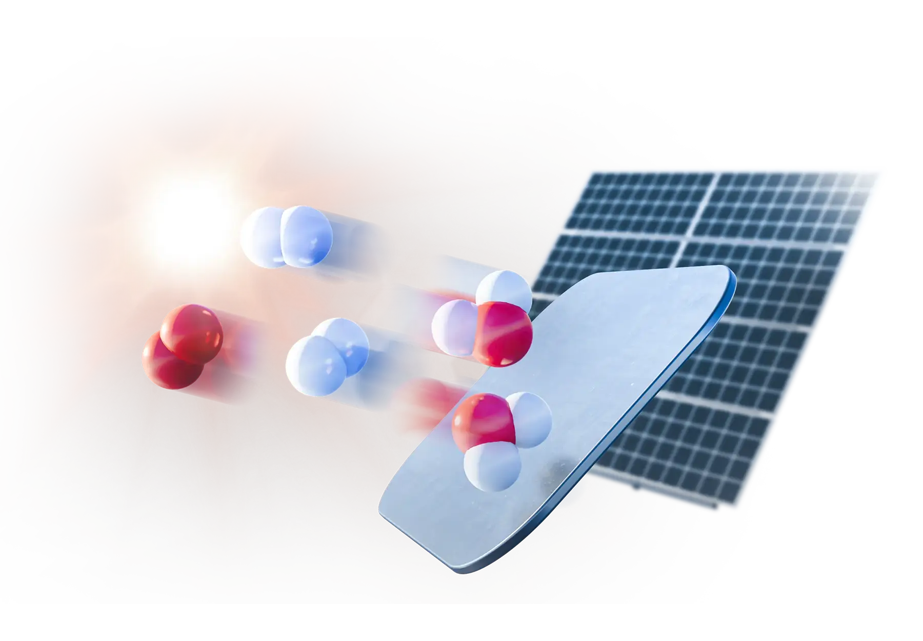 PV panel in the background with semiconductor splitting water into oxygen- and hydrogen molecules.