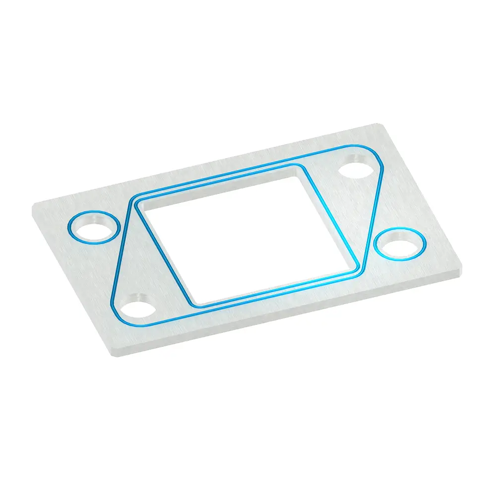 Rectangular metal frame with media channels and a blue sealing bonded to the metal plate or pressed into the sealing grooves.