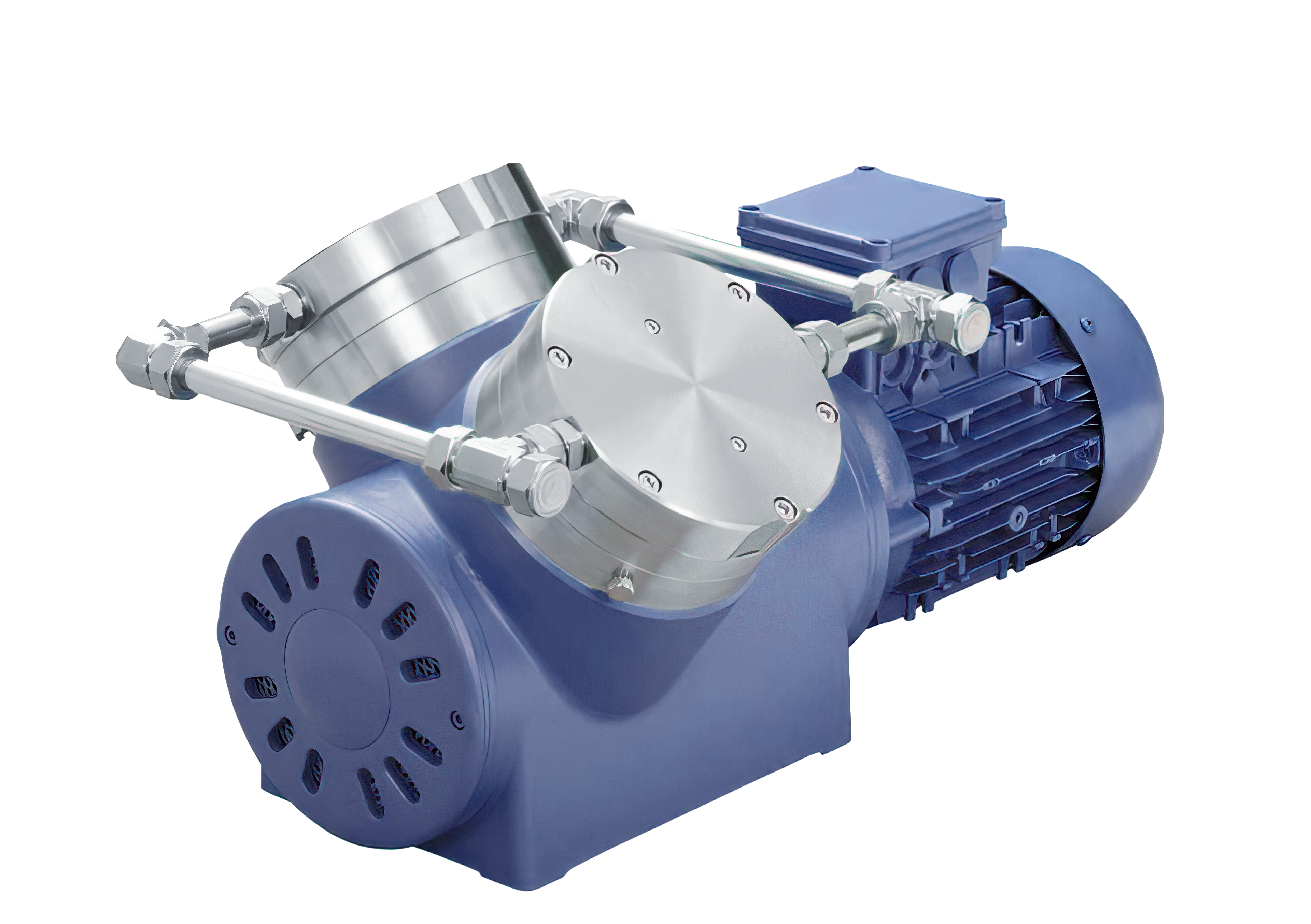 Blue diaphragm pump with metal fittings and a motor, designed for precise fluid control applications.