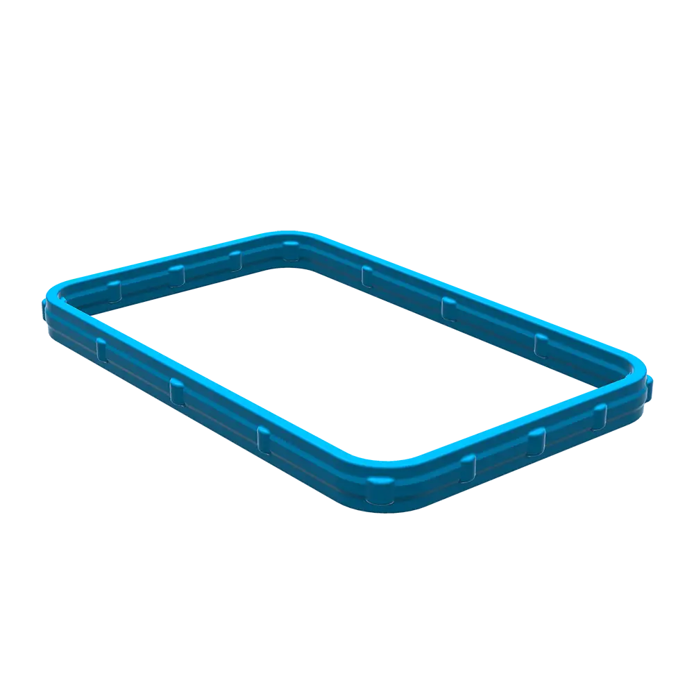 Blue rectangular end plate gasket with rounded corners and ridged edges, designed to create a seal between two surfaces in the end plate of a fuel cell applications.