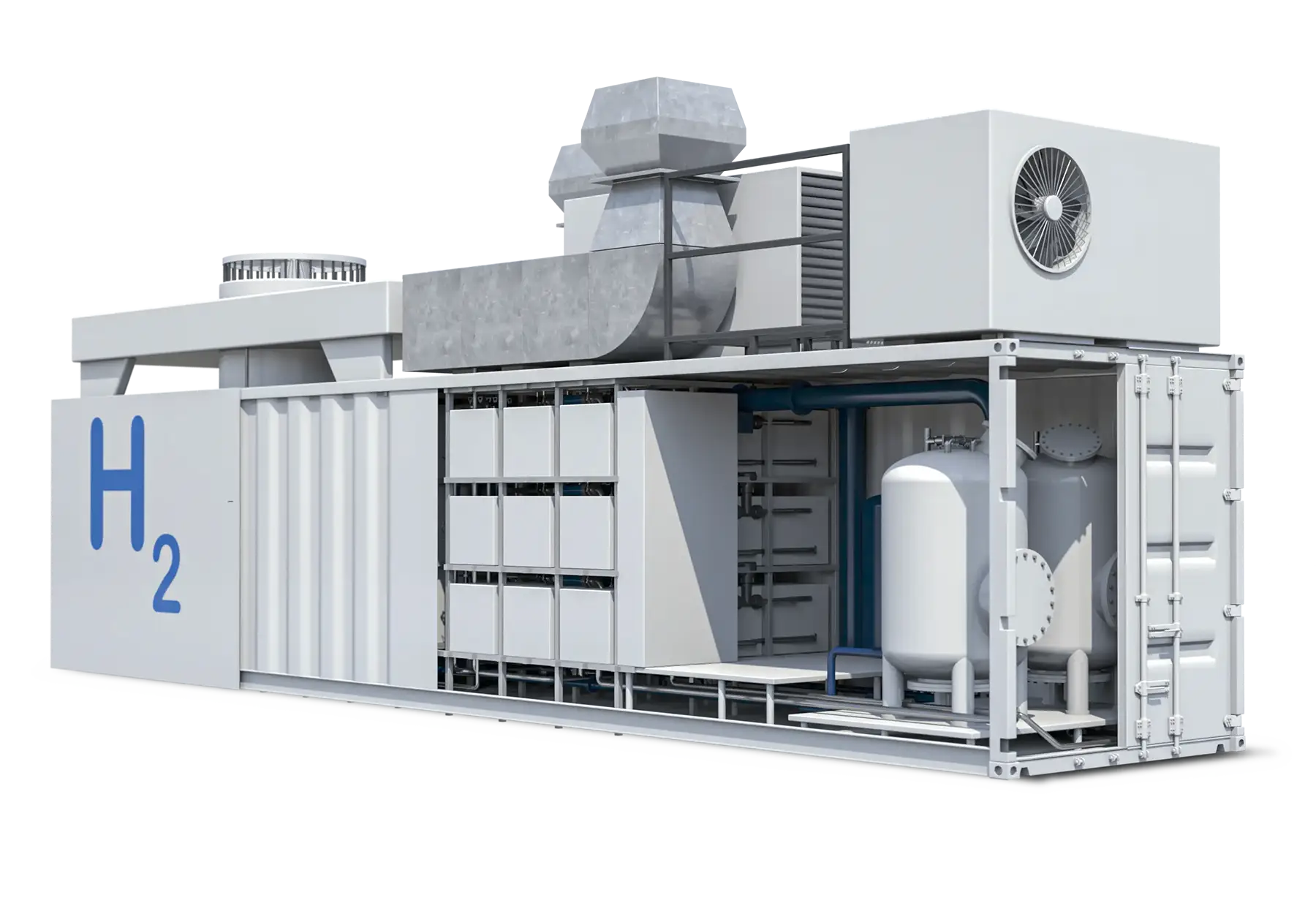 Containerisiertes Elektrolyseursystem mit "H2"-Label, bestehend aus verschiedenen Komponenten und einer Lüftungseinheit.